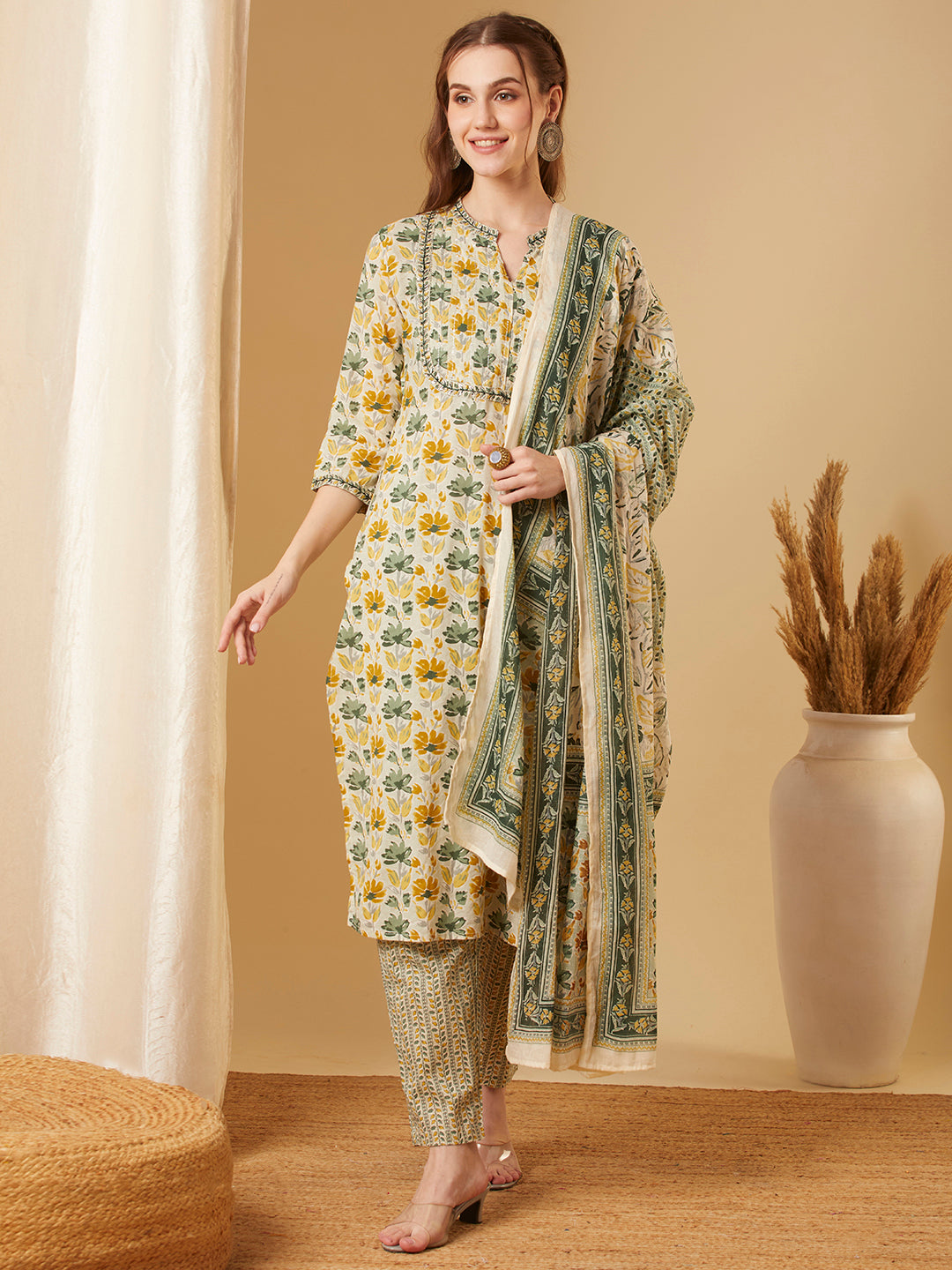 Floral Printed & Embroidered Straight Kurta with Pant & Dupatta - Green