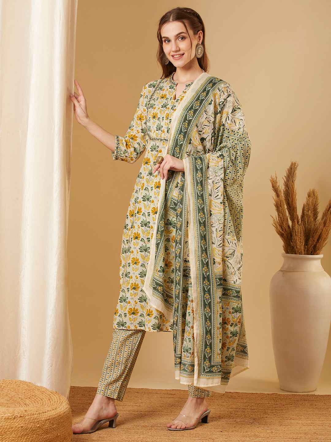 Floral Printed & Embroidered Straight Kurta with Pant & Dupatta - Green