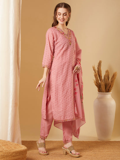 Solid Schiffli Floral Embroidered Straight Kurta with Pant & Dupatta - Pink