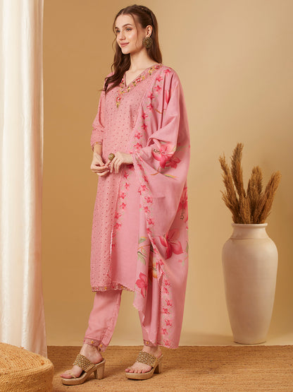 Solid Schiffli Floral Embroidered Straight Kurta with Pant & Dupatta - Pink