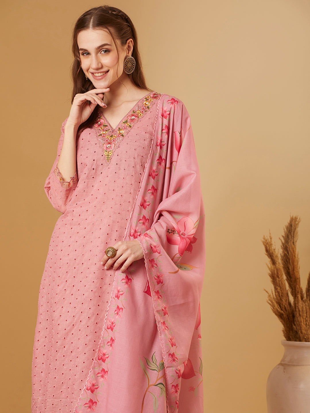 Solid Schiffli Floral Embroidered Straight Kurta with Pant & Dupatta - Pink