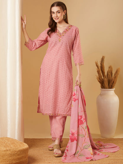 Solid Schiffli Floral Embroidered Straight Kurta with Pant & Dupatta - Pink