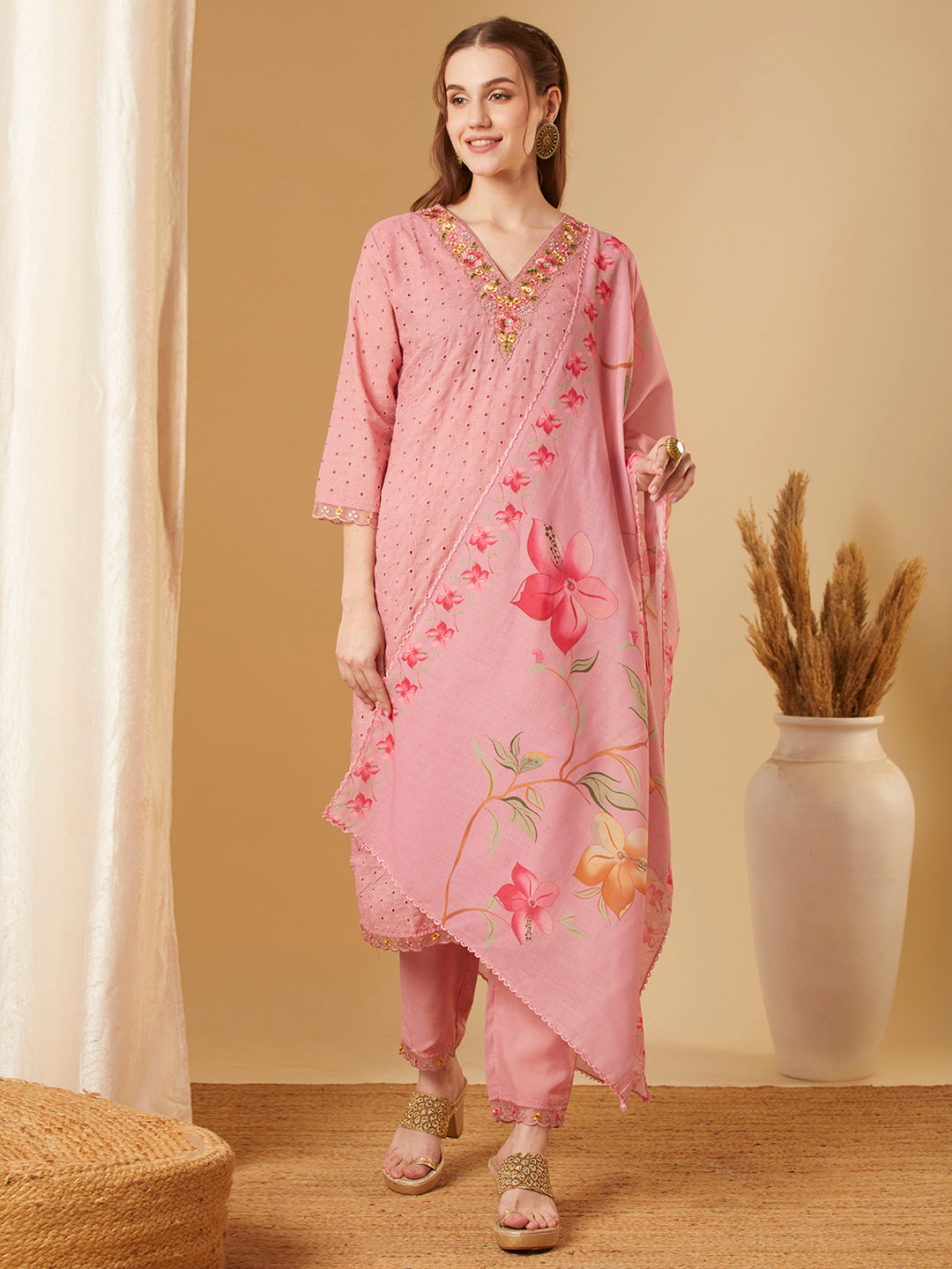 Solid Schiffli Floral Embroidered Straight Kurta with Pant & Dupatta - Pink