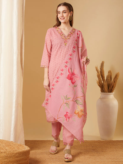 Solid Schiffli Floral Embroidered Straight Kurta with Pant & Dupatta - Pink