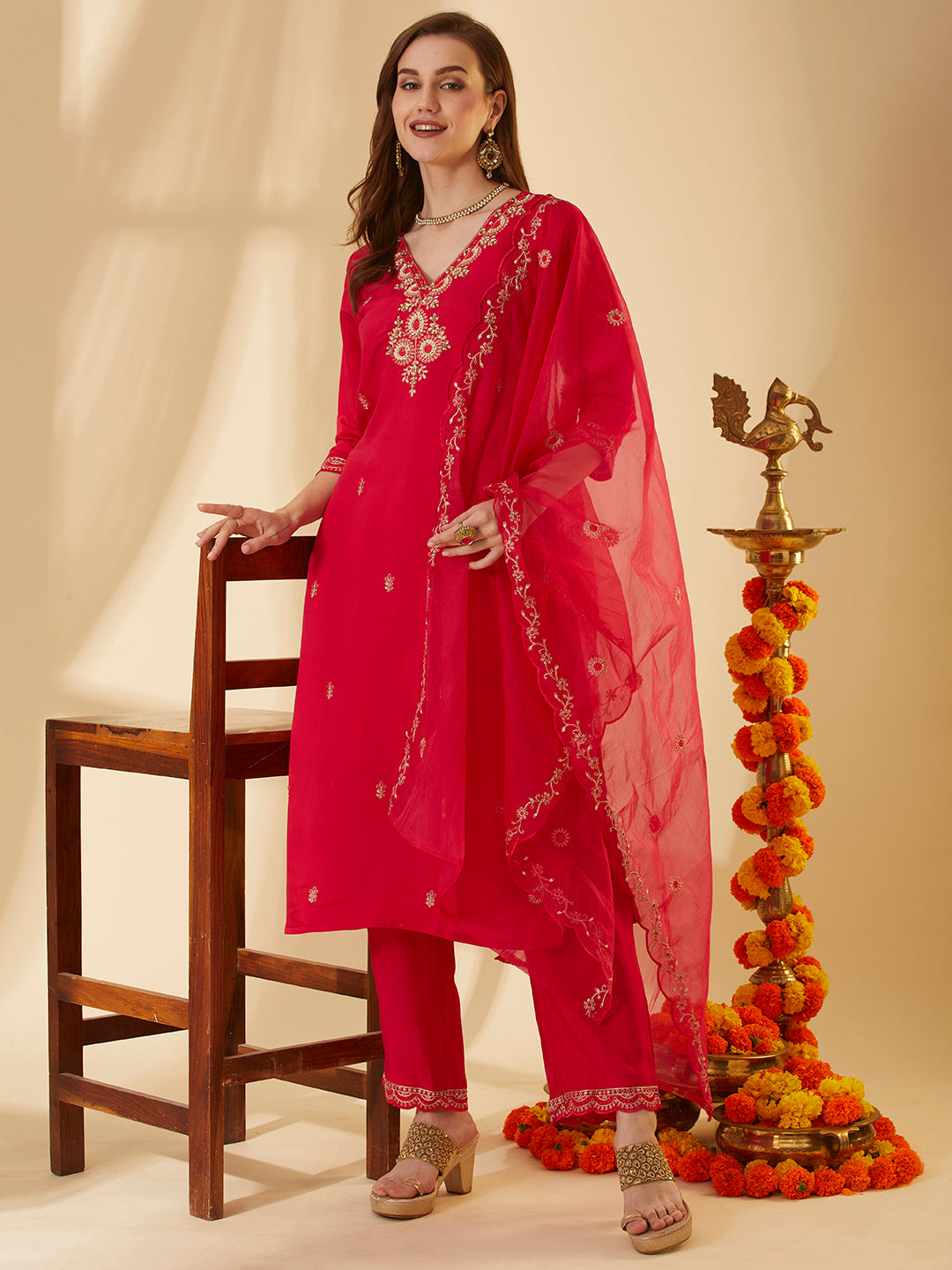 Solid Ethnic Hand Embroidered Straight Fit Kurta with Pant & Dupatta - Pink