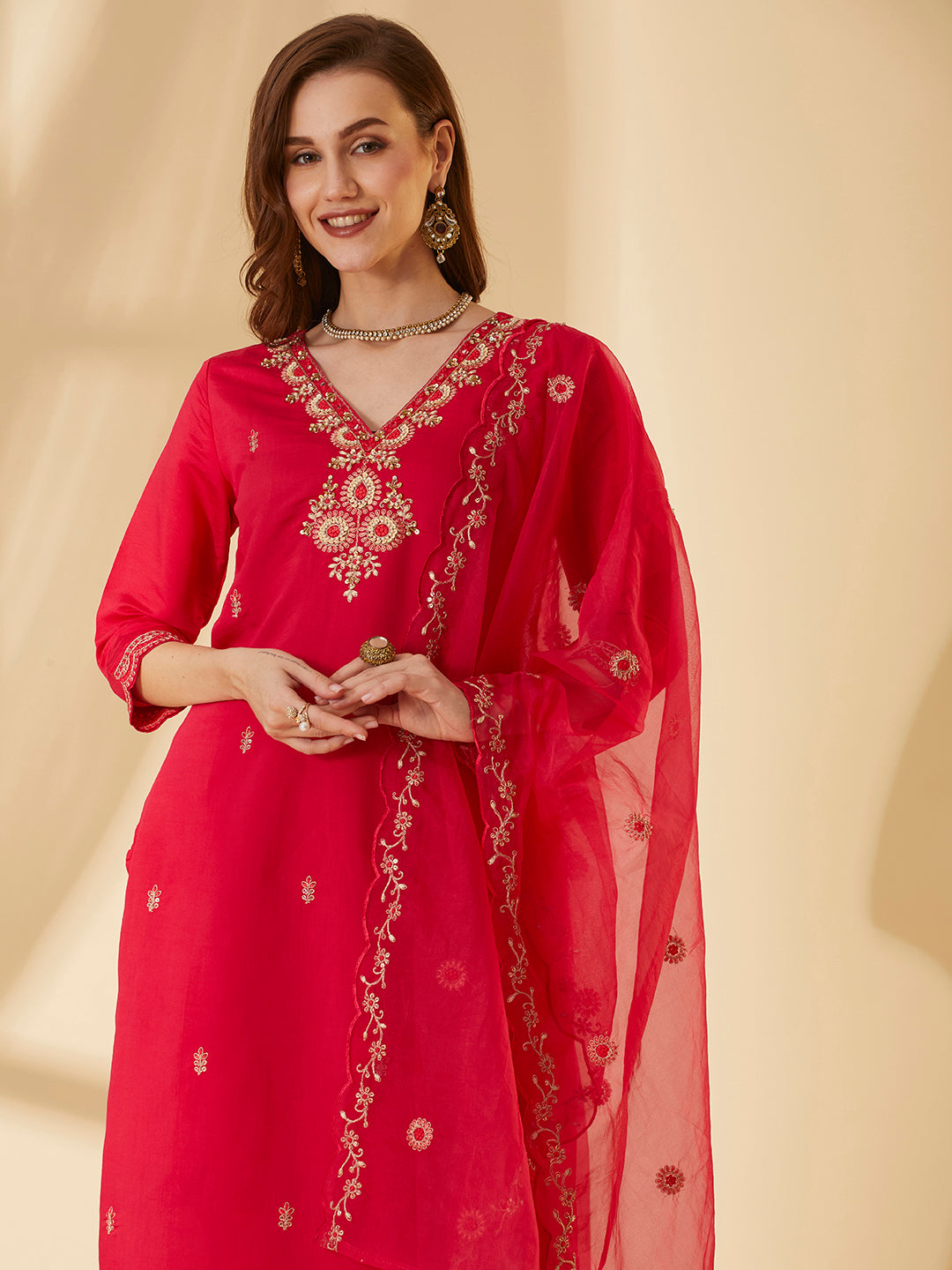 Solid Ethnic Hand Embroidered Straight Fit Kurta with Pant & Dupatta - Pink