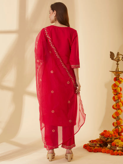 Solid Ethnic Hand Embroidered Straight Fit Kurta with Pant & Dupatta - Pink