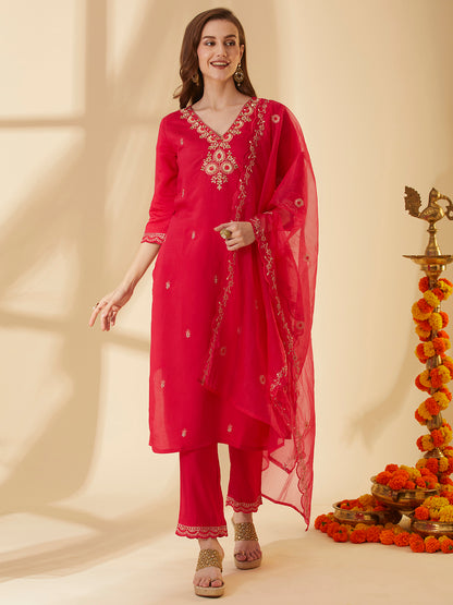 Solid Ethnic Hand Embroidered Straight Fit Kurta with Pant & Dupatta - Pink