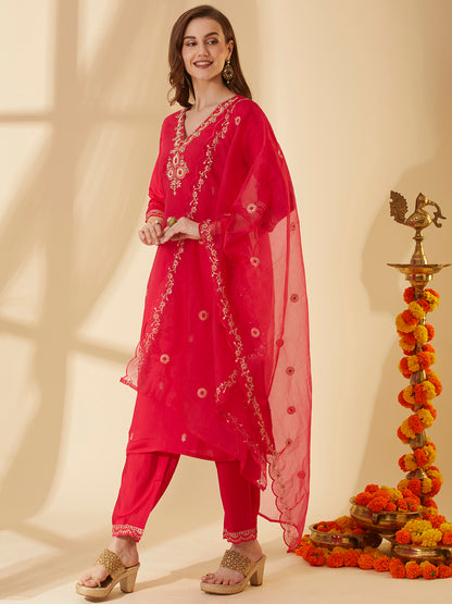 Solid Ethnic Hand Embroidered Straight Fit Kurta with Pant & Dupatta - Pink