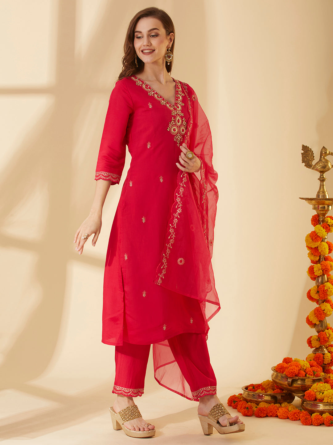 Solid Ethnic Hand Embroidered Straight Fit Kurta with Pant & Dupatta - Pink