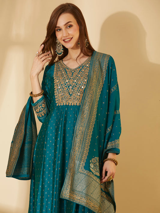 Ethnic Foil Printed & Embroidered Anarkali Kurta with Pant & Dupatta - Turquoise Blue