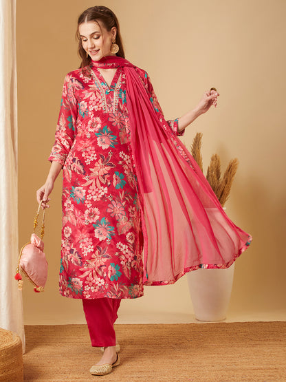 Ethnic Floral Printed & Embroidered Straight Kurta with Pant & Dupatta - Pink