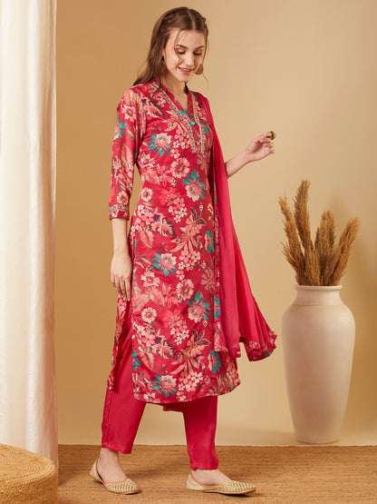 Ethnic Floral Printed & Embroidered Straight Kurta with Pant & Dupatta - Pink