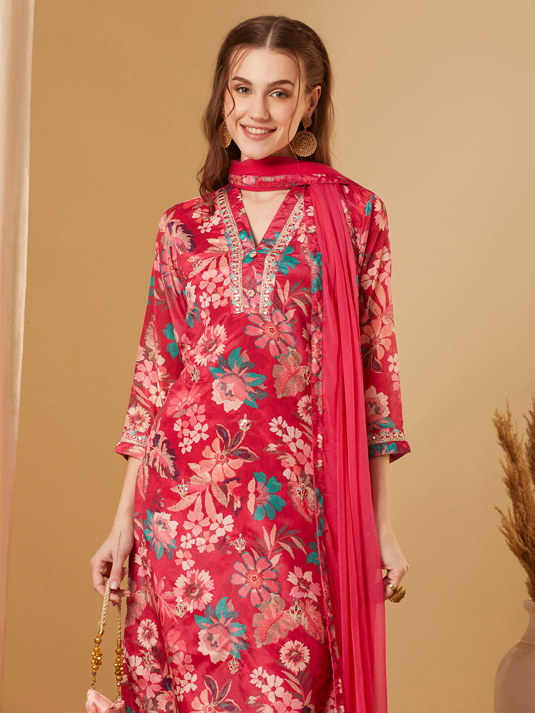 Ethnic Floral Printed & Embroidered Straight Kurta with Pant & Dupatta - Pink