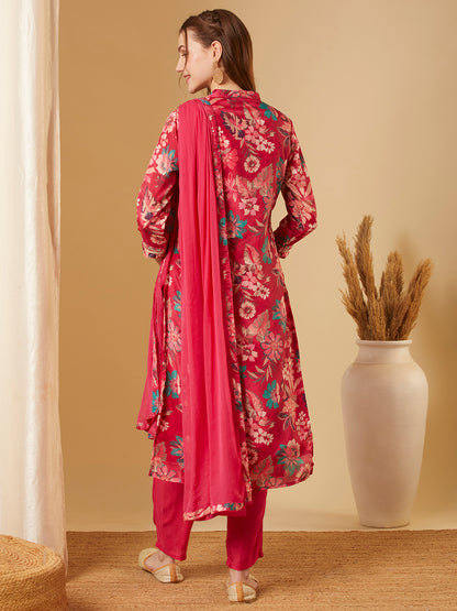 Ethnic Floral Printed & Embroidered Straight Kurta with Pant & Dupatta - Pink