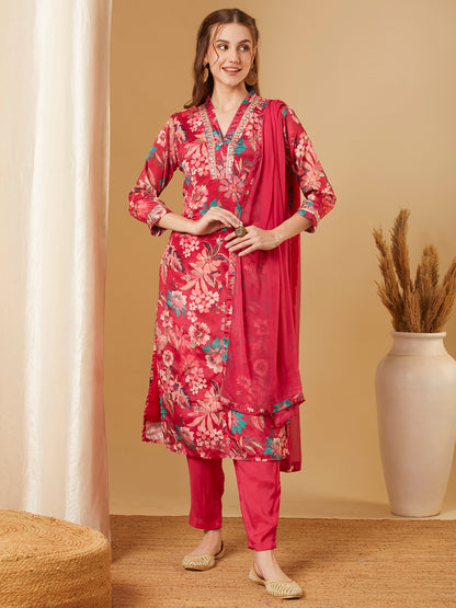 Ethnic Floral Printed & Embroidered Straight Kurta with Pant & Dupatta - Pink