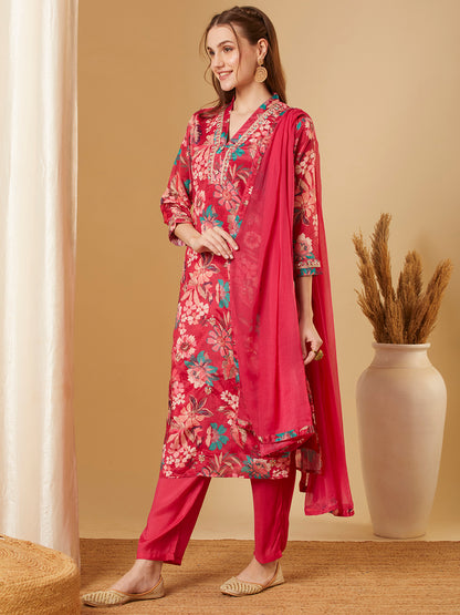 Ethnic Floral Printed & Embroidered Straight Kurta with Pant & Dupatta - Pink