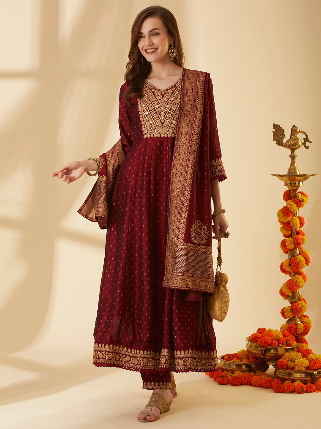 Ethnic Foil Printed & Embroidered Anarkali Kurta with Pant & Dupatta - Maroon