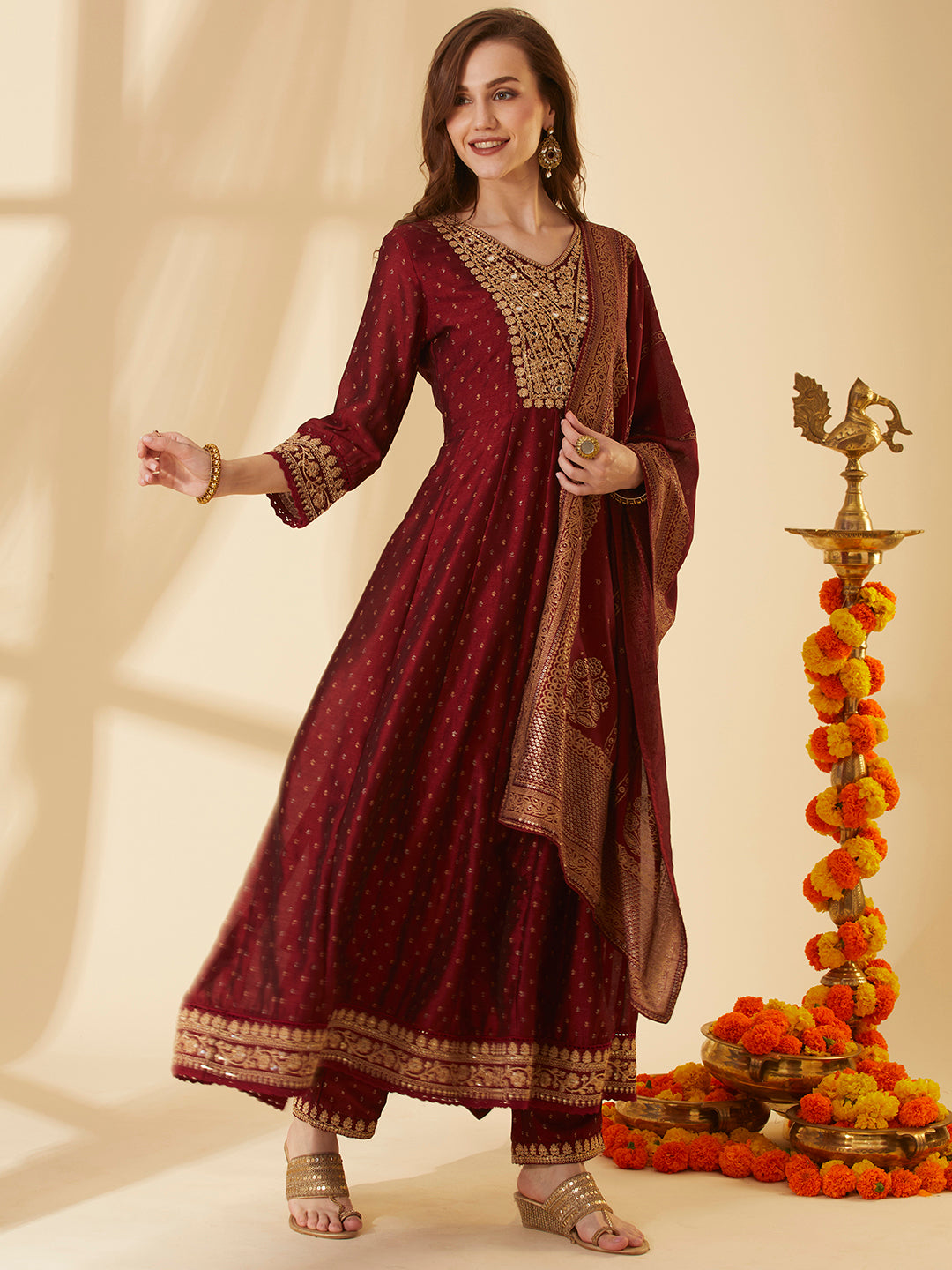 Ethnic Foil Printed & Embroidered Anarkali Kurta with Pant & Dupatta - Maroon