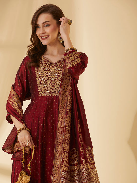 Ethnic Foil Printed & Embroidered Anarkali Kurta with Pant & Dupatta - Maroon