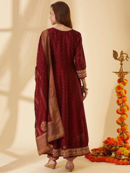 Ethnic Foil Printed & Embroidered Anarkali Kurta with Pant & Dupatta - Maroon