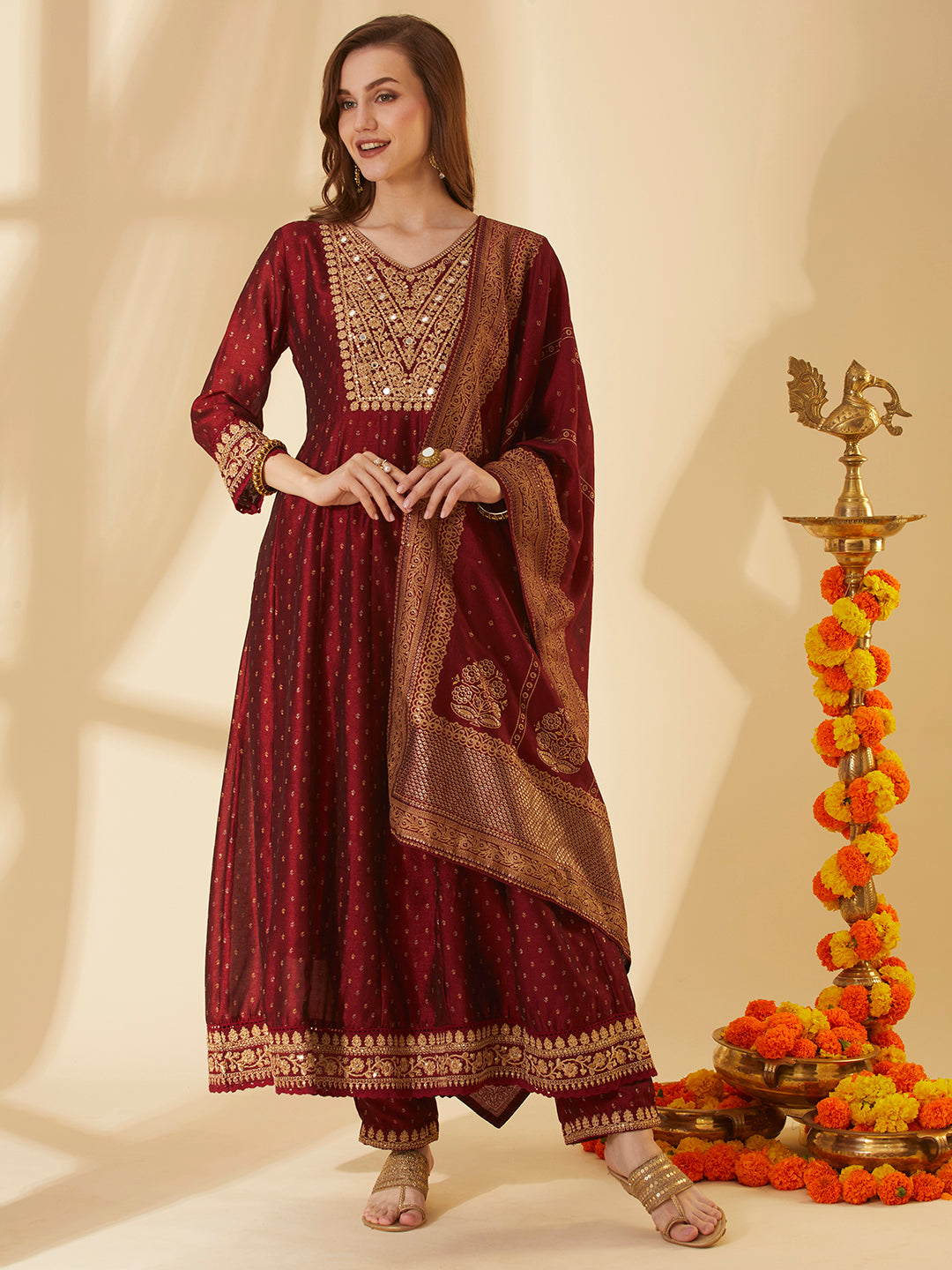 Ethnic Foil Printed & Embroidered Anarkali Kurta with Pant & Dupatta - Maroon