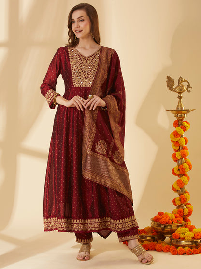 Ethnic Foil Printed & Embroidered Anarkali Kurta with Pant & Dupatta - Maroon