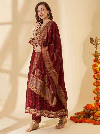 Ethnic Foil Printed & Embroidered Anarkali Kurta with Pant & Dupatta - Maroon