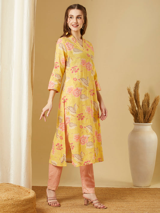 Abstract Floral Printed & Embroidered Straight Fit Kurta - Yellow