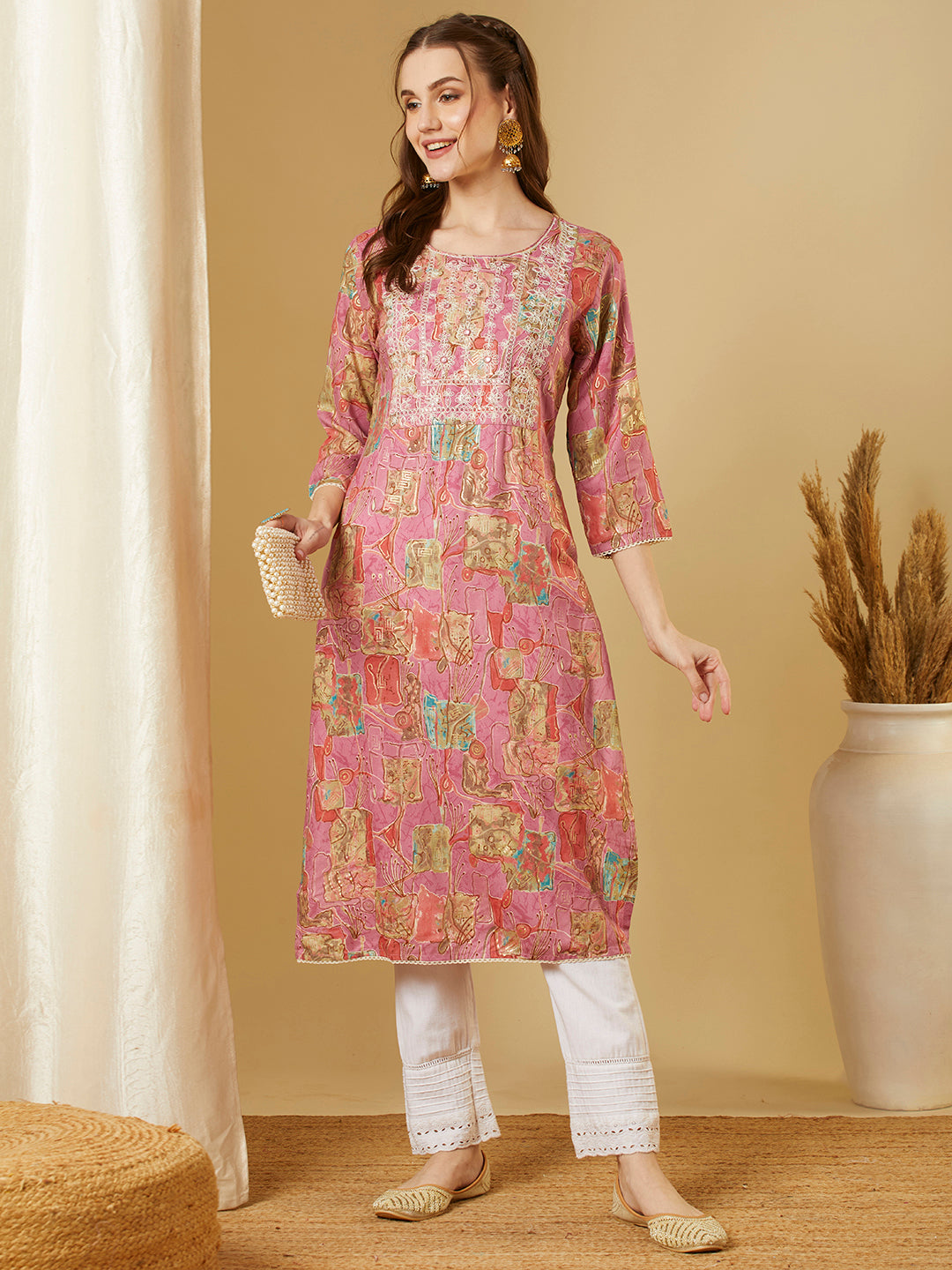 Abstract Floral Printed & Embroidered Straight Fit Kurta - Pink