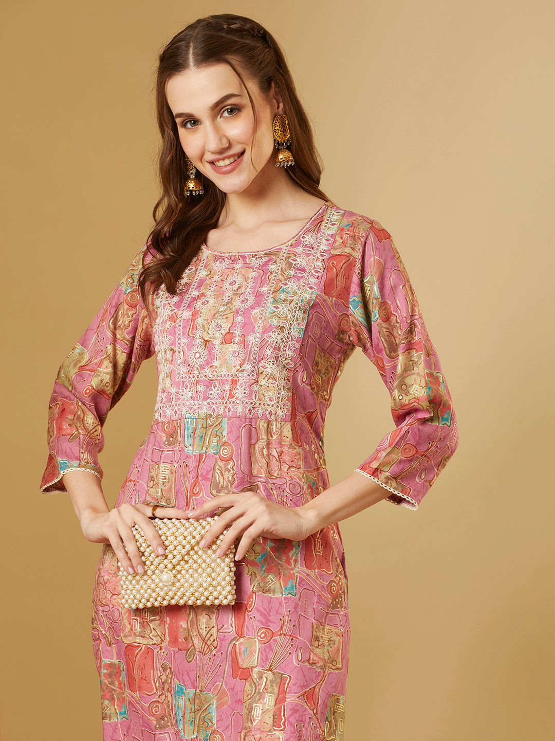 Abstract Floral Printed & Embroidered Straight Fit Kurta - Pink