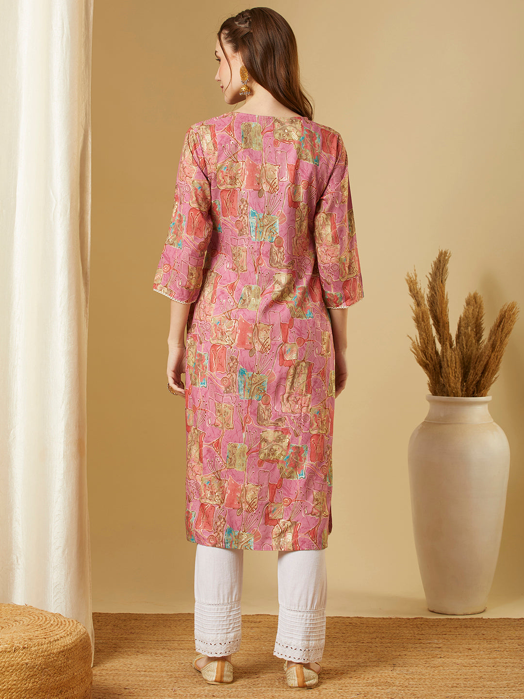 Abstract Floral Printed & Embroidered Straight Fit Kurta - Pink