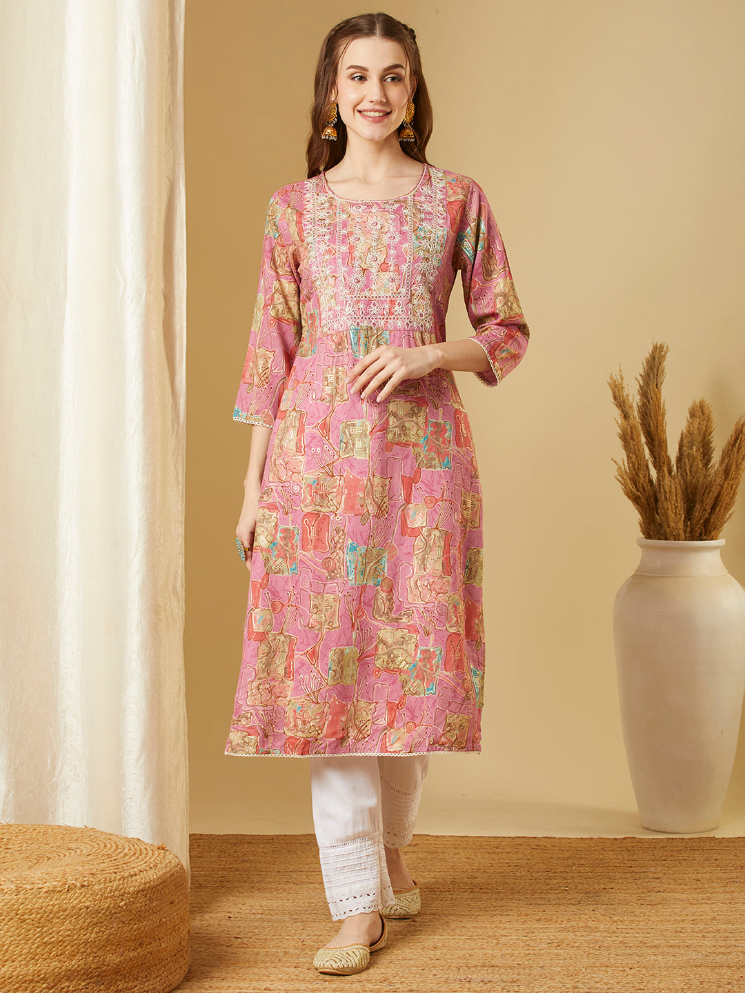 Abstract Floral Printed & Embroidered Straight Fit Kurta - Pink