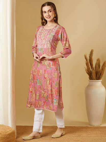 Abstract Floral Printed & Embroidered Straight Fit Kurta - Pink