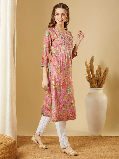 Abstract Floral Printed & Embroidered Straight Fit Kurta - Pink