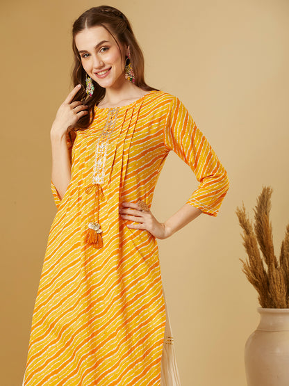 Leheriya Printed & Embroidered Straight Fit Kurta - Yellow