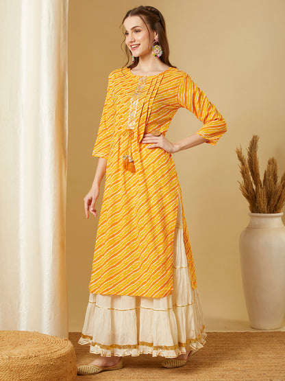 Leheriya Printed & Embroidered Straight Fit Kurta - Yellow