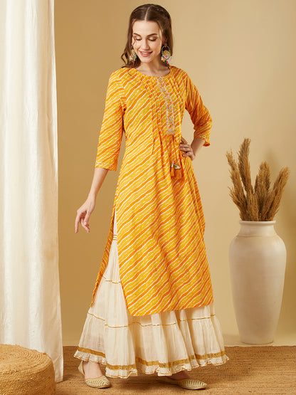 Leheriya Printed & Embroidered Straight Fit Kurta - Yellow