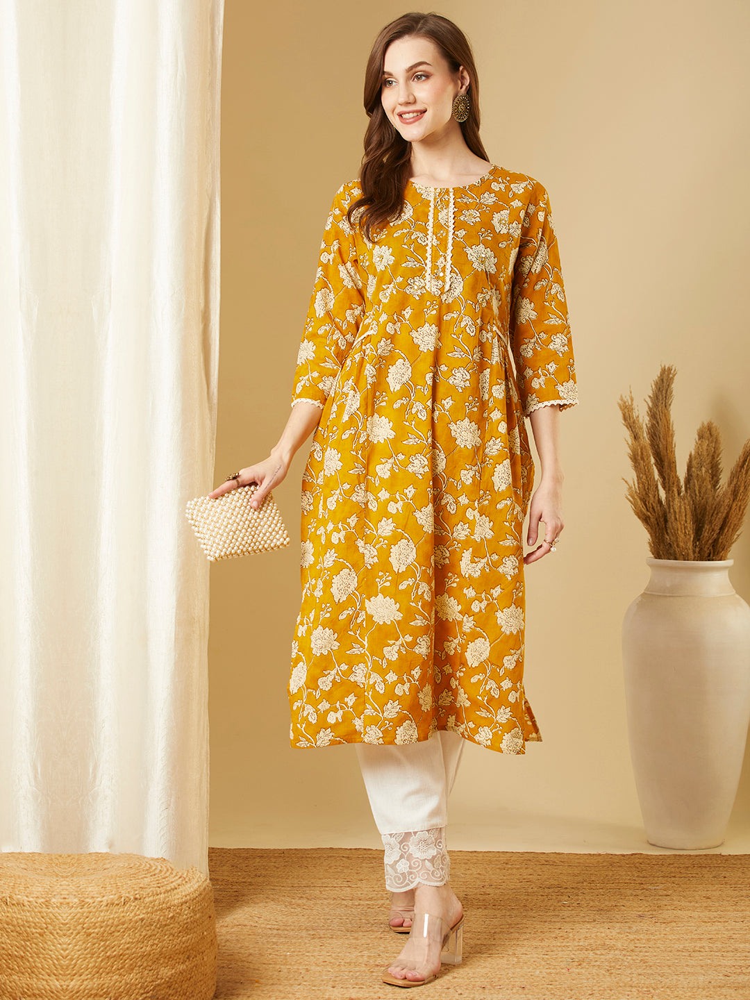 Ethnic Floral Printed A-Line Pleated Kurta - Mustard