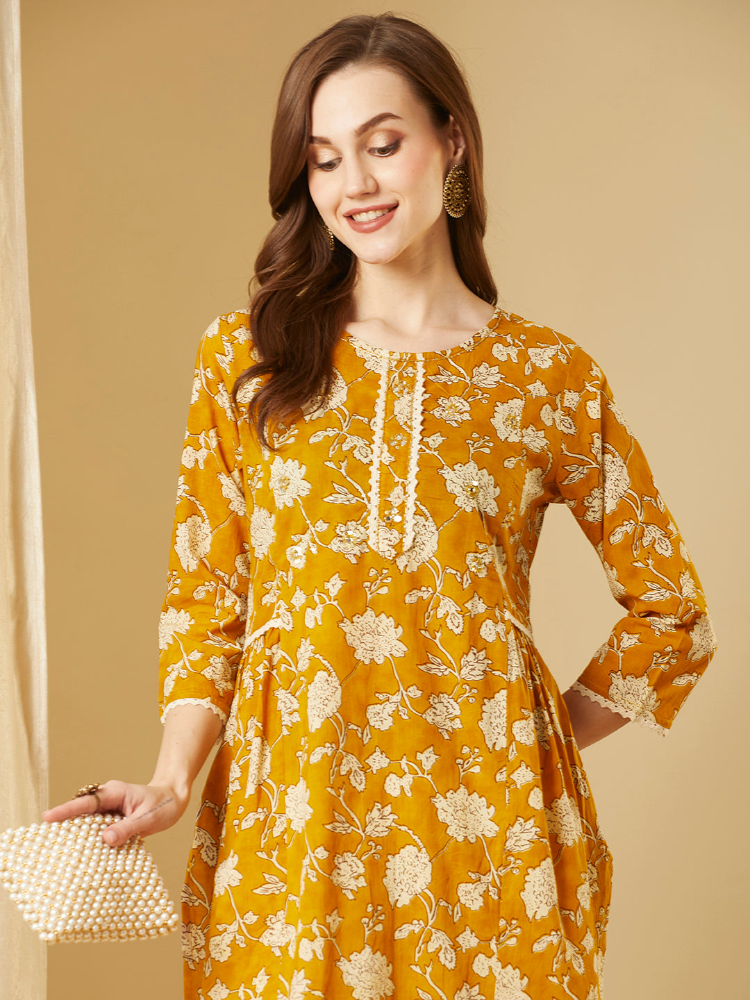 Ethnic Floral Printed A-Line Pleated Kurta - Mustard