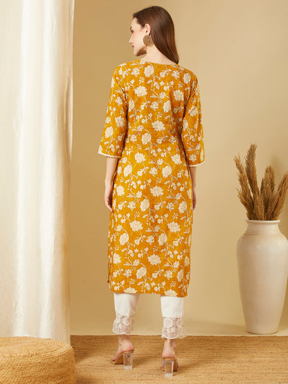 Ethnic Floral Printed A-Line Pleated Kurta - Mustard