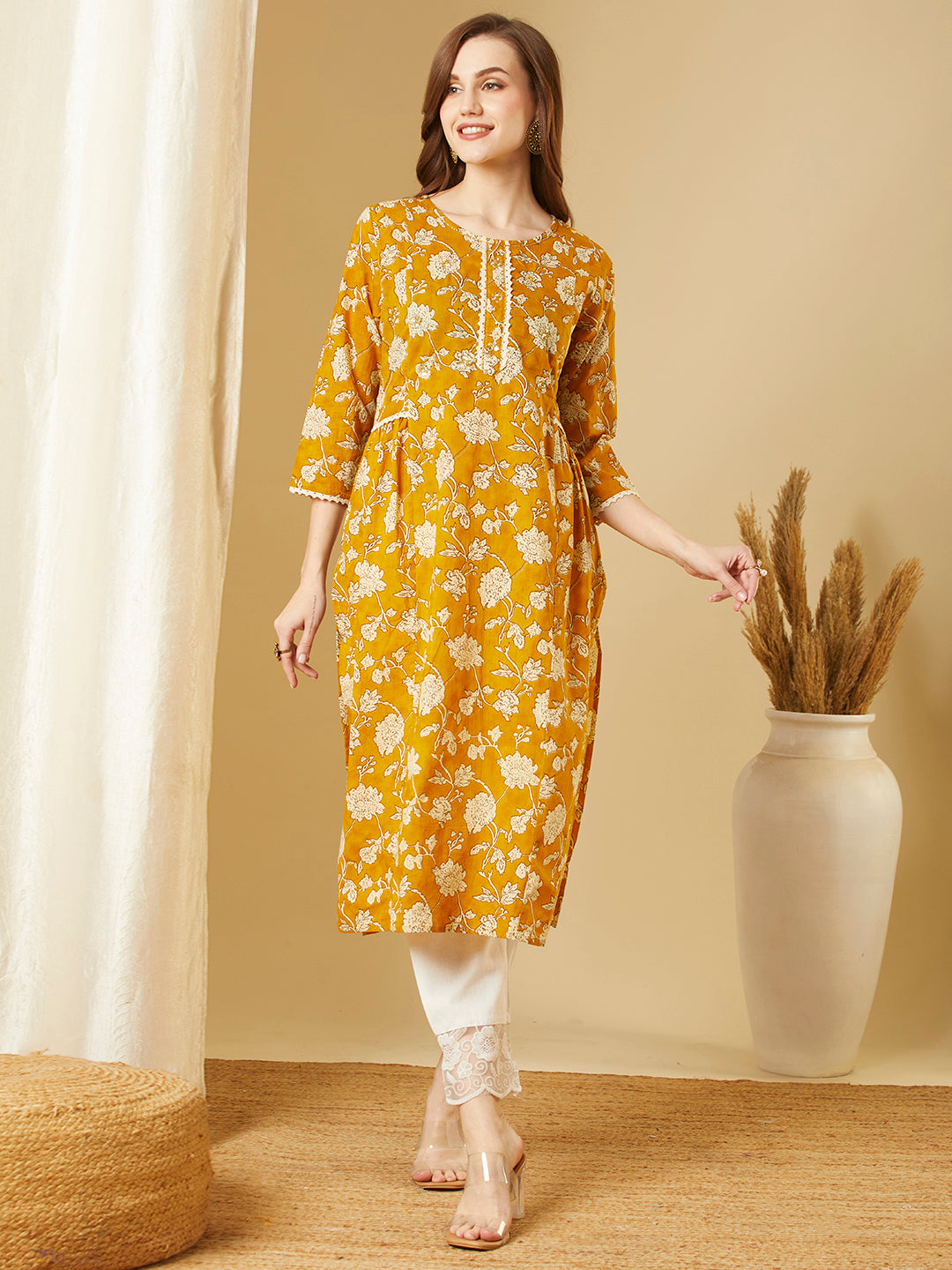 Ethnic Floral Printed A-Line Pleated Kurta - Mustard