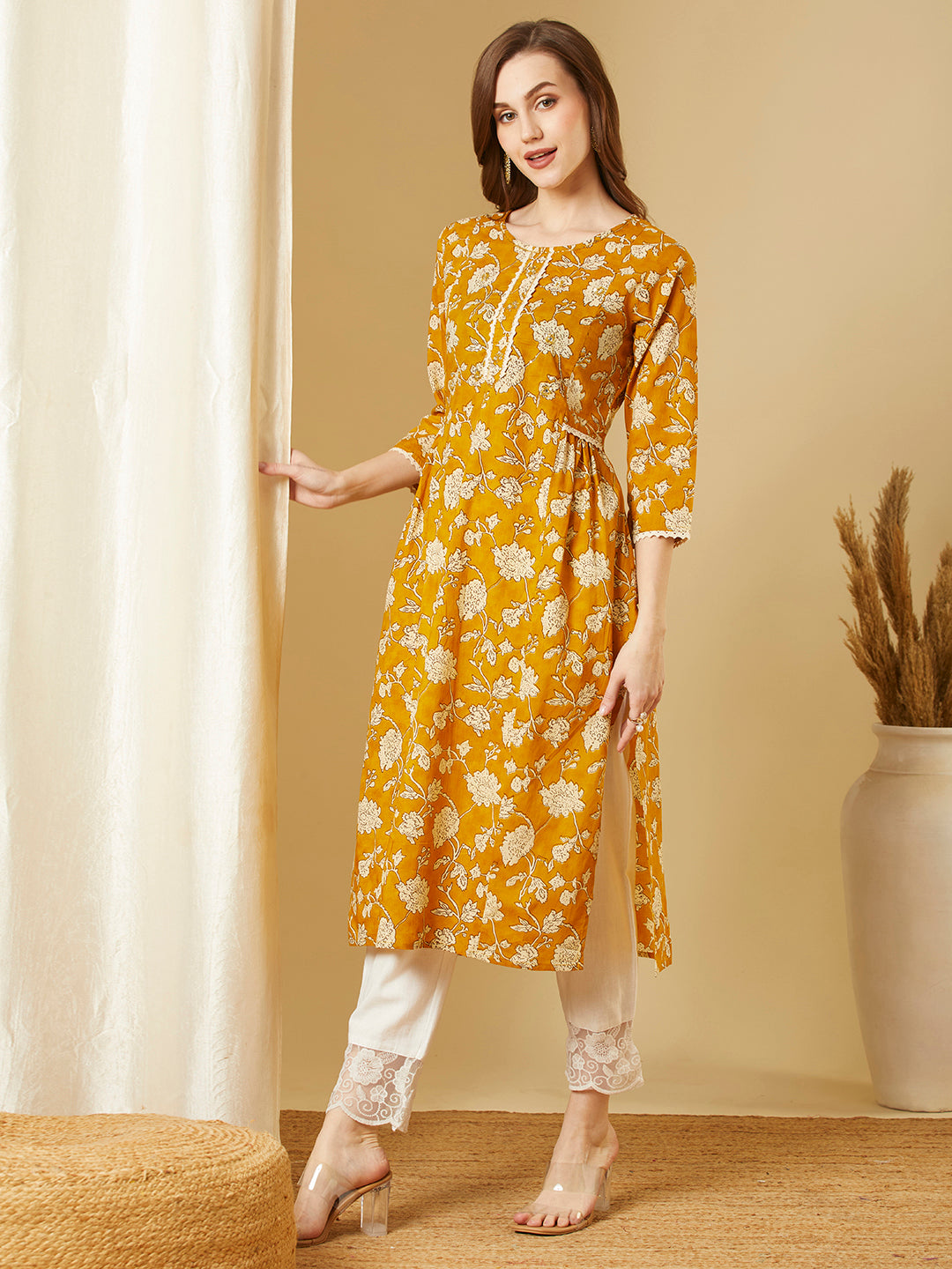 Ethnic Floral Printed A-Line Pleated Kurta - Mustard