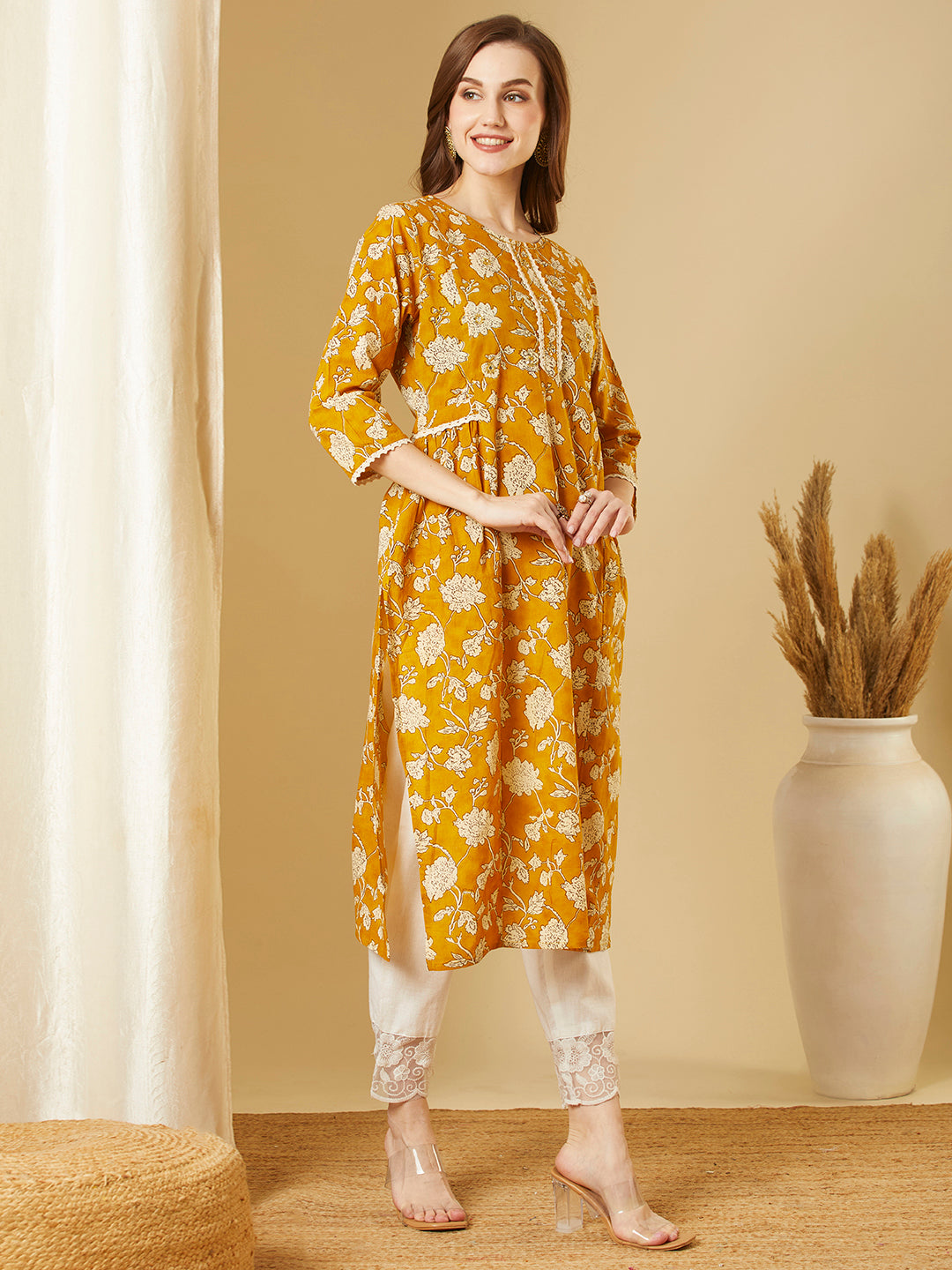 Ethnic Floral Printed A-Line Pleated Kurta - Mustard