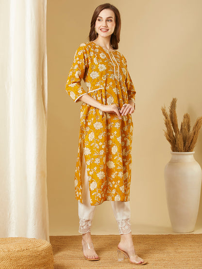 Ethnic Floral Printed A-Line Pleated Kurta - Mustard