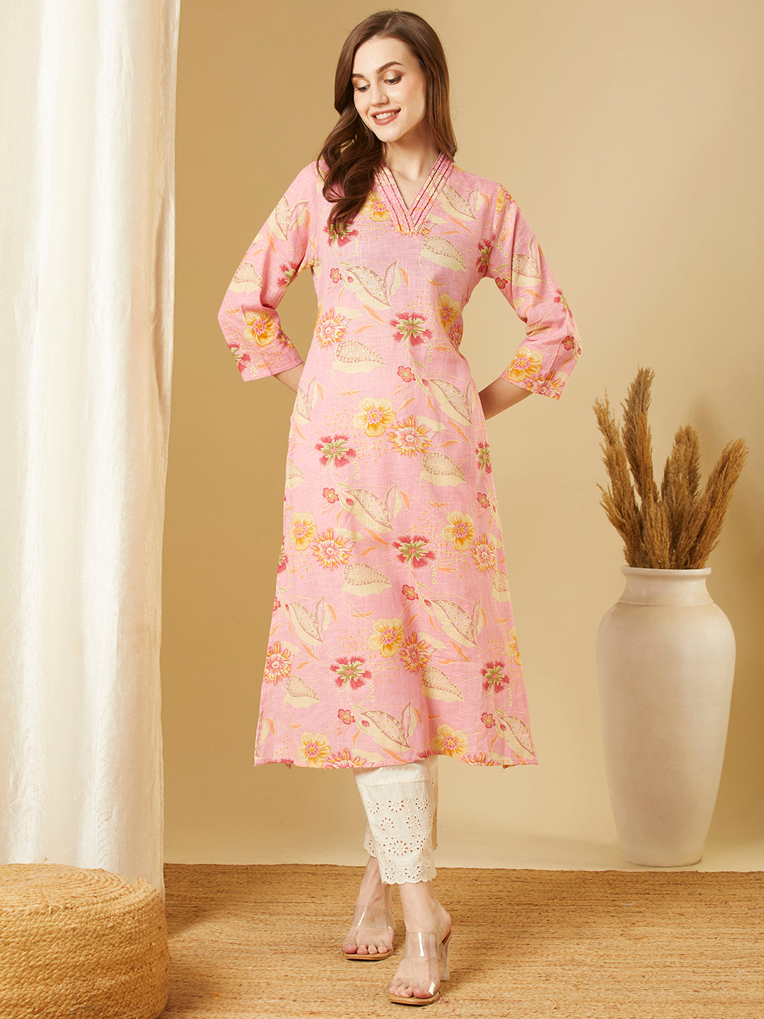 Abstract Floral Printed & Embroidered Straight Fit Kurta - Pink