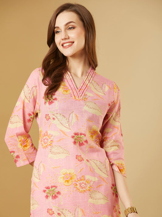 Abstract Floral Printed & Embroidered Straight Fit Kurta - Pink