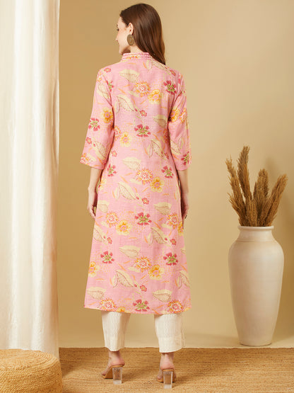 Abstract Floral Printed & Embroidered Straight Fit Kurta - Pink