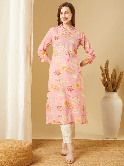 Abstract Floral Printed & Embroidered Straight Fit Kurta - Pink