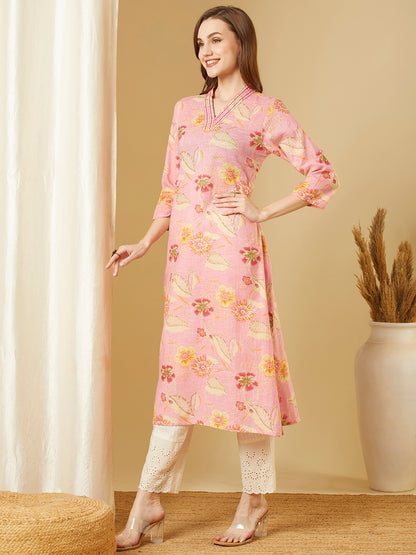 Abstract Floral Printed & Embroidered Straight Fit Kurta - Pink